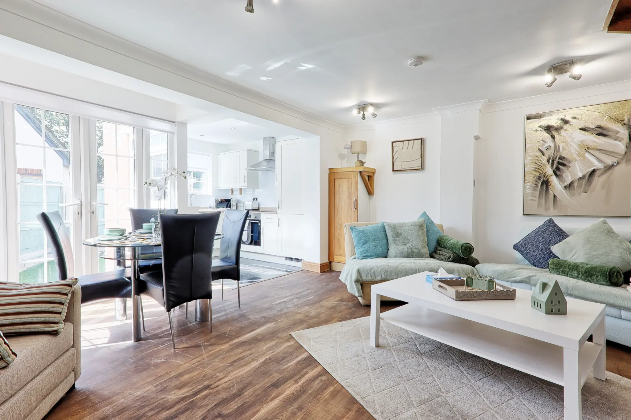 Contractor accommodation open plan living room and fully equipped kitchen in Essex