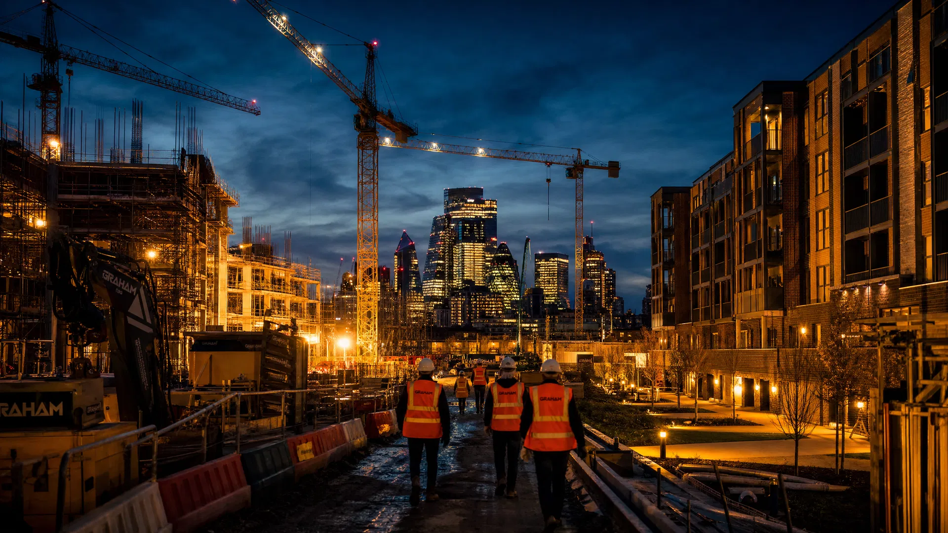UK construction site with contractors in hi-vis vests - CrewStays managed accommodation